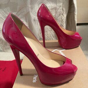CHRISTIAN LOUBOUTIN OPEN TOE PLATFORM PUMPS PINK PATENT LEATHER HEELS 140